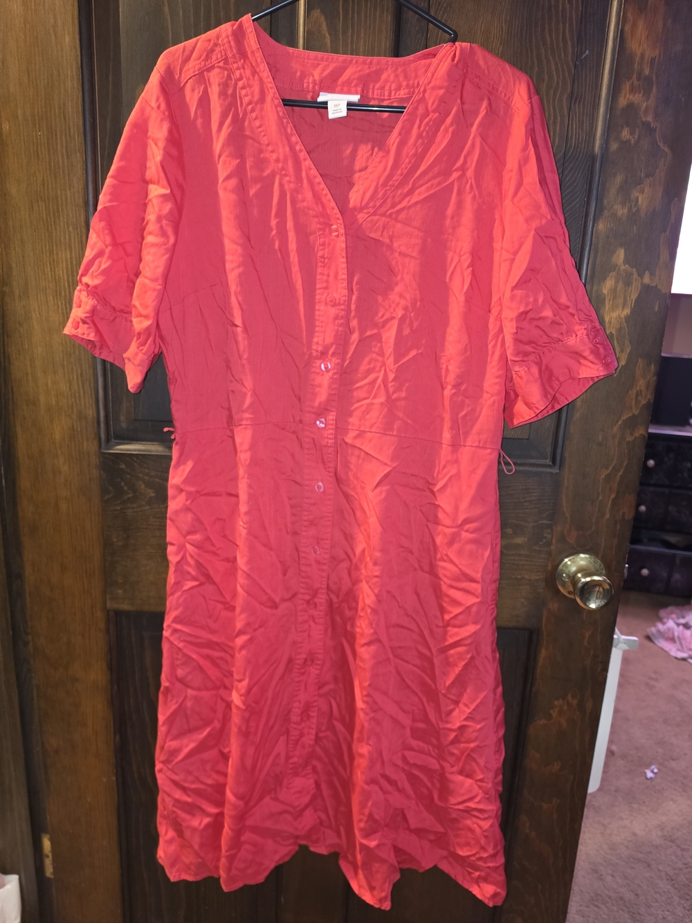 Bright Red Button-Front V-Neck Midi Dress